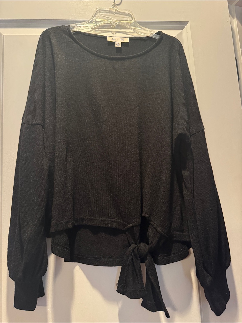 She + Sky Black Tie-Front Lightweight Sweatshirt